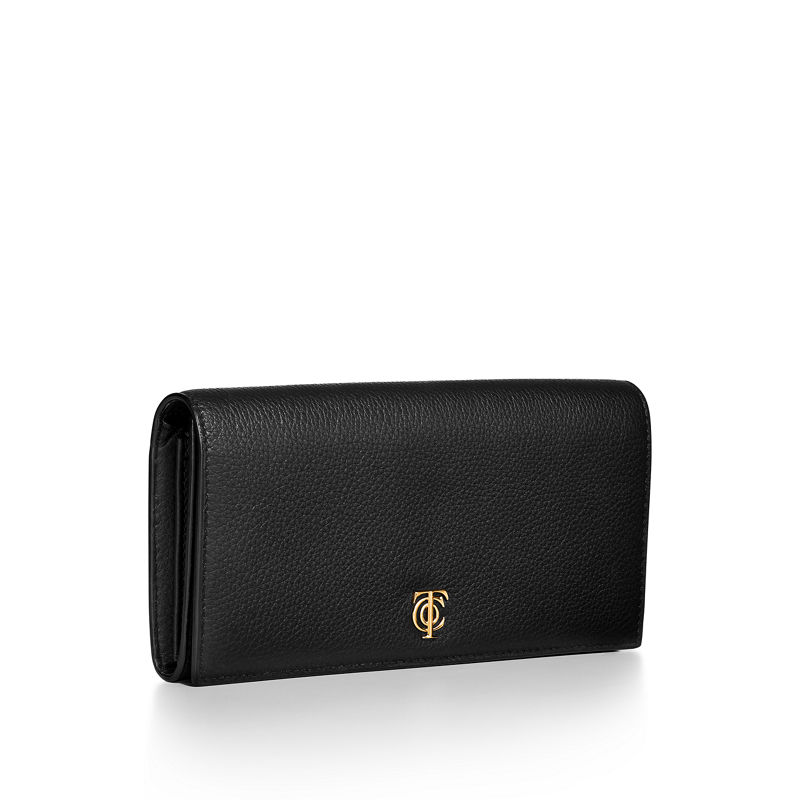 Tiffany & Co. T&CO. Cartera continental de solapa de piel color negro Oferta especial