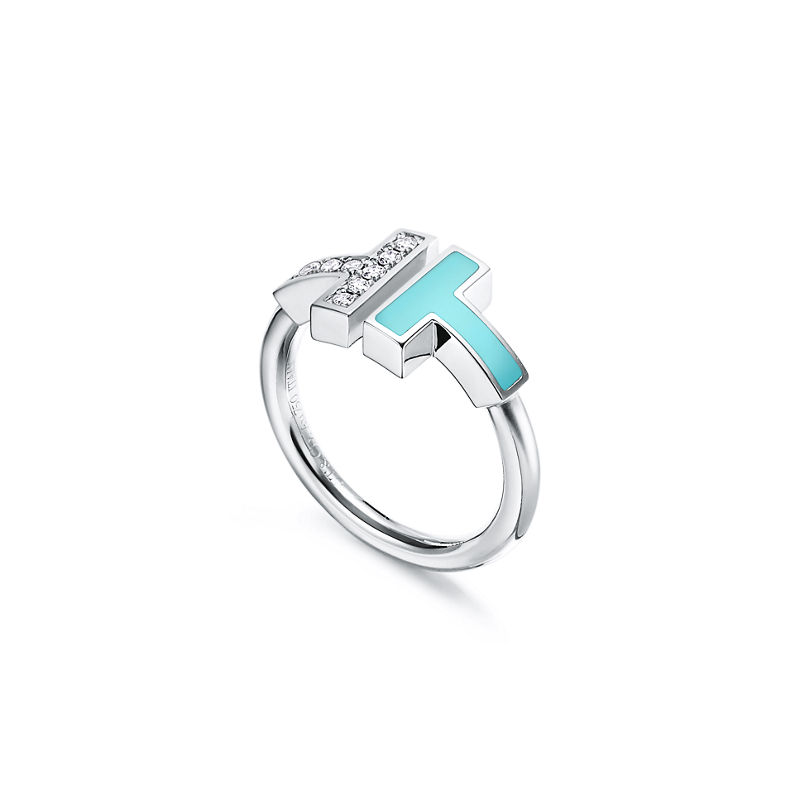 Tiffany & Co. Tiffany T Anillo Wire de diamantes y turquesa de oro blanco Tienda de fábrica