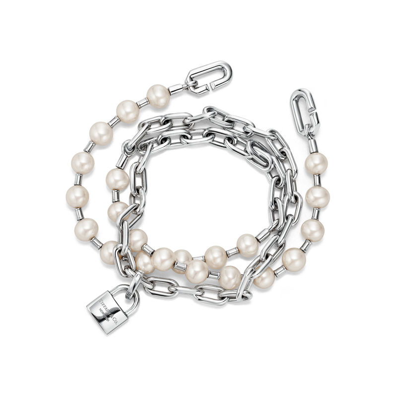 Tiffany & Co. Tiffany HardWear Pulsera con candado y perlas en plata tamaño mediano Oferta especial