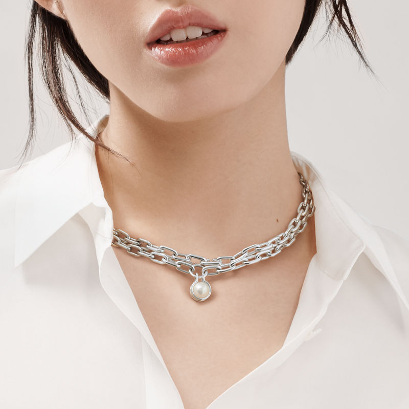 Tiffany & Co. Tiffany HardWear Collar de perla de agua dulce de plata de ley 81 3 cm de plata de ley Ofertas especiales