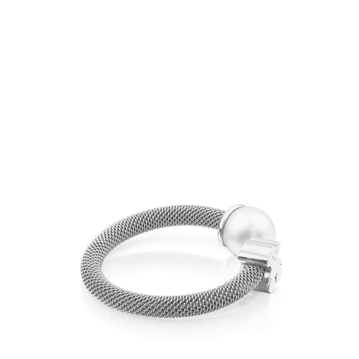 Tous Anillo de plata y perla cultivada motivo oso Icon Mesh