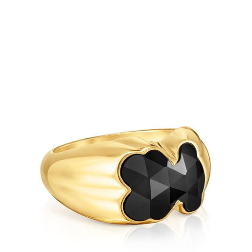 Tous Anillo mediano con baño de oro 18 kt sobre plata y motivo oso en ónix Icon Color