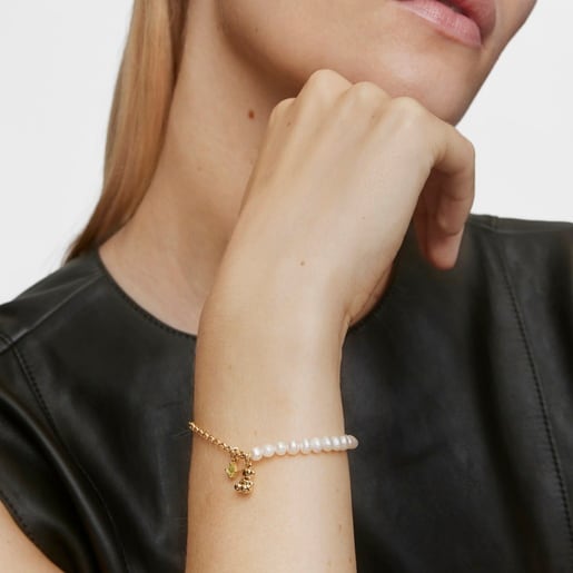 Tous Pulsera cadena oso con baño de oro sobre plata perlas cultivadas y peridoto Bold Bear