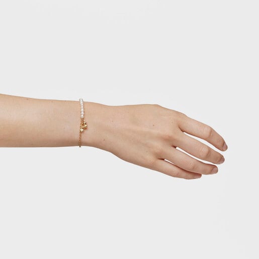 Tous Pulsera cadena oso con baño de oro sobre plata perlas cultivadas y peridoto Bold Bear Últimos 2 días