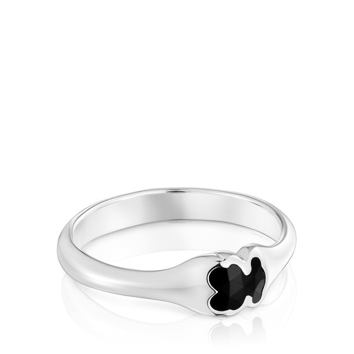 Tous Anillo pequeño de plata y motivo oso en ónix Icon Color