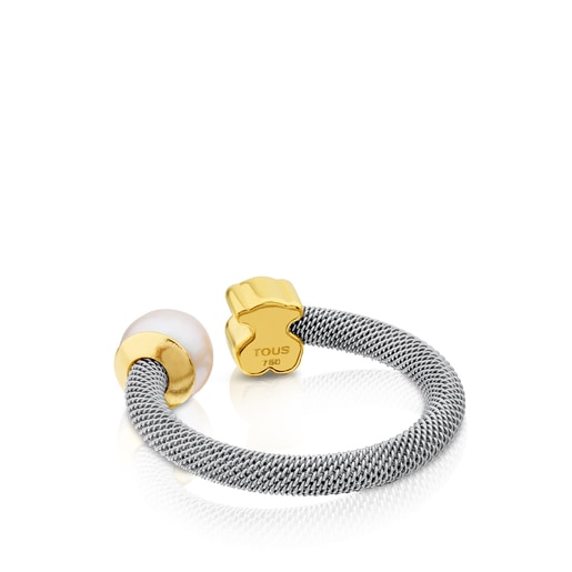 Tous Anillo de acero y oro con perla cultivada motivo oso Icon Mesh Rebajas online