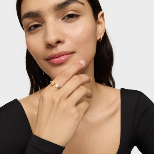 Tous Anillo de acero y oro con perla cultivada motivo oso Icon Mesh Rebajas online