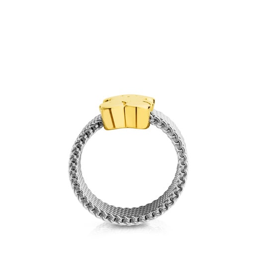 Tous Anillo de acero y oro motivo oso mediano Mesh Rebajas top