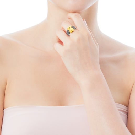 Tous Anillo de acero y oro motivo oso mediano Mesh Rebajas top